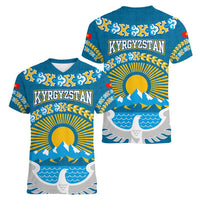 Kyrgyzstan Mountain Sunrise Women V-Neck T-Shirt with Blue with Eagle, Sun, and National Flag Design