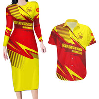 Kyrgyzstan Football Couples Matching Long Sleeve Bodycon Dress and Hawaiian Shirt Red and Yellow Sports with National Emblem Design
