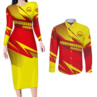 Kyrgyzstan Football Couples Matching Long Sleeve Bodycon Dress and Long Sleeve Button Shirt Red and Yellow Sports with National Emblem Design