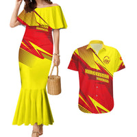 Kyrgyzstan Football Couples Matching Mermaid Dress and Hawaiian Shirt Red and Yellow Sports with National Emblem Design