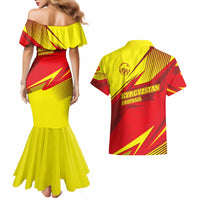 Kyrgyzstan Football Couples Matching Mermaid Dress and Hawaiian Shirt Red and Yellow Sports with National Emblem Design