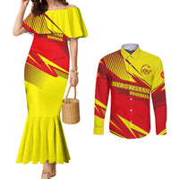 Kyrgyzstan Football Couples Matching Mermaid Dress and Long Sleeve Button Shirt Red and Yellow Sports with National Emblem Design