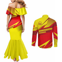 Kyrgyzstan Football Couples Matching Mermaid Dress and Long Sleeve Button Shirt Red and Yellow Sports with National Emblem Design