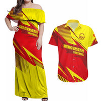 Kyrgyzstan Football Couples Matching Off Shoulder Maxi Dress and Hawaiian Shirt Red and Yellow Sports with National Emblem Design