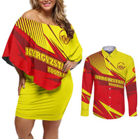 Kyrgyzstan Football Couples Matching Off Shoulder Short Dress and Long Sleeve Button Shirt Red and Yellow Sports with National Emblem Design