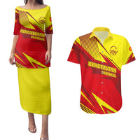 Kyrgyzstan Football Couples Matching Puletasi and Hawaiian Shirt Red and Yellow Sports with National Emblem Design
