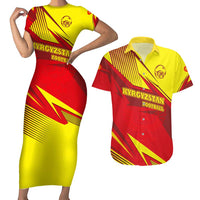 Kyrgyzstan Football Couples Matching Short Sleeve Bodycon Dress and Hawaiian Shirt Red and Yellow Sports with National Emblem Design