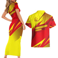 Kyrgyzstan Football Couples Matching Short Sleeve Bodycon Dress and Hawaiian Shirt Red and Yellow Sports with National Emblem Design