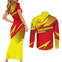 Kyrgyzstan Football Couples Matching Short Sleeve Bodycon Dress and Long Sleeve Button Shirt Red and Yellow Sports with National Emblem Design