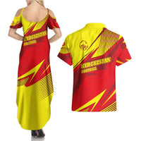 Kyrgyzstan Football Couples Matching Summer Maxi Dress and Hawaiian Shirt Red and Yellow Sports with National Emblem Design