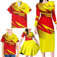 Kyrgyzstan Football Family Matching Long Sleeve Bodycon Dress and Hawaiian Shirt Red and Yellow Sports with National Emblem Design