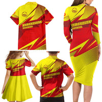 Kyrgyzstan Football Family Matching Long Sleeve Bodycon Dress and Hawaiian Shirt Red and Yellow Sports with National Emblem Design