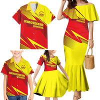 Kyrgyzstan Football Family Matching Mermaid Dress and Hawaiian Shirt Red and Yellow Sports with National Emblem Design