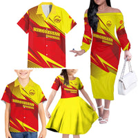 Kyrgyzstan Football Family Matching Off The Shoulder Long Sleeve Dress and Hawaiian Shirt Red and Yellow Sports with National Emblem Design