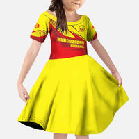 Kyrgyzstan Football Family Matching Off Shoulder Maxi Dress and Hawaiian Shirt Red and Yellow Sports with National Emblem Design