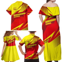 Kyrgyzstan Football Family Matching Off Shoulder Maxi Dress and Hawaiian Shirt Red and Yellow Sports with National Emblem Design