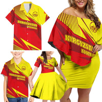 Kyrgyzstan Football Family Matching Off Shoulder Short Dress and Hawaiian Shirt Red and Yellow Sports with National Emblem Design