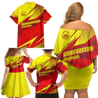 Kyrgyzstan Football Family Matching Off Shoulder Short Dress and Hawaiian Shirt Red and Yellow Sports with National Emblem Design