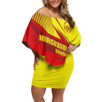 Kyrgyzstan Football Family Matching Off Shoulder Short Dress and Hawaiian Shirt Red and Yellow Sports with National Emblem Design