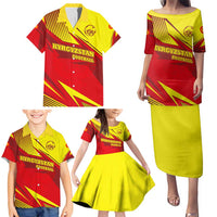 Kyrgyzstan Football Family Matching Puletasi and Hawaiian Shirt Red and Yellow Sports with National Emblem Design