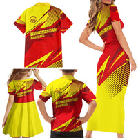 Kyrgyzstan Football Family Matching Short Sleeve Bodycon Dress and Hawaiian Shirt Red and Yellow Sports with National Emblem Design