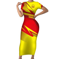 Kyrgyzstan Football Family Matching Short Sleeve Bodycon Dress and Hawaiian Shirt Red and Yellow Sports with National Emblem Design