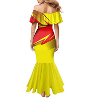 Kyrgyzstan Football Mermaid Dress Red and Yellow Sports with National Emblem Design