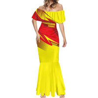 Kyrgyzstan Football Mermaid Dress Red and Yellow Sports with National Emblem Design