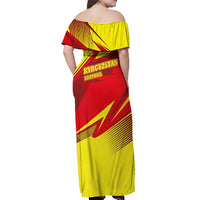 Kyrgyzstan Football Off Shoulder Maxi Dress Red and Yellow Sports with National Emblem Design