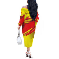 Kyrgyzstan Football Off The Shoulder Long Sleeve Dress Red and Yellow Sports with National Emblem Design