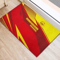 Kyrgyzstan Football Rubber Doormat Red and Yellow Sports with National Emblem Design