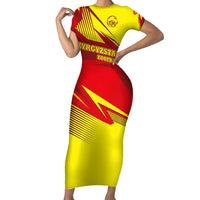 Kyrgyzstan Football Short Sleeve Bodycon Dress Red and Yellow Sports with National Emblem Design