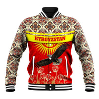 Kyrgyzstan Eagle and Tulip Baseball Jacket with Red Ethnic Pattern with National Sun Emblem - Wonder Print Shop