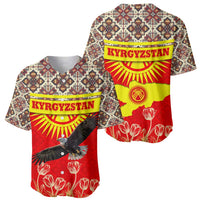 Kyrgyzstan Eagle and Tulip Baseball Jersey with Red Ethnic Pattern with National Sun Emblem - Wonder Print Shop