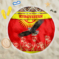 Kyrgyzstan Eagle and Tulip Beach Blanket with Red Ethnic Pattern with National Sun Emblem - Wonder Print Shop