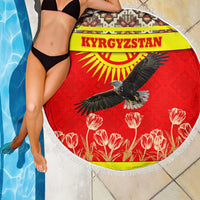 Kyrgyzstan Eagle and Tulip Beach Blanket with Red Ethnic Pattern with National Sun Emblem - Wonder Print Shop