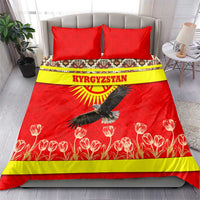 Kyrgyzstan Eagle and Tulip Bedding Set with Red Ethnic Pattern with National Sun Emblem - Wonder Print Shop
