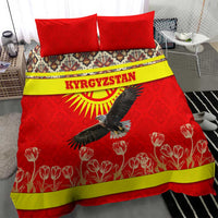 Kyrgyzstan Eagle and Tulip Bedding Set with Red Ethnic Pattern with National Sun Emblem - Wonder Print Shop