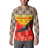 Kyrgyzstan Eagle and Tulip Button Sweatshirt with Red Ethnic Pattern with National Sun Emblem - Wonder Print Shop