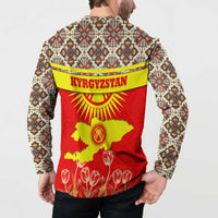 Kyrgyzstan Eagle and Tulip Button Sweatshirt with Red Ethnic Pattern with National Sun Emblem - Wonder Print Shop