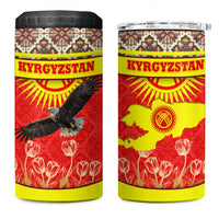Kyrgyzstan Eagle and Tulip 4 in 1 Can Cooler Tumbler with Red Ethnic Pattern with National Sun Emblem - Wonder Print Shop