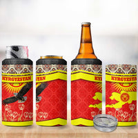 Kyrgyzstan Eagle and Tulip 4 in 1 Can Cooler Tumbler with Red Ethnic Pattern with National Sun Emblem - Wonder Print Shop