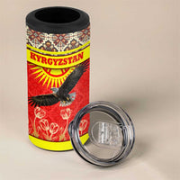 Kyrgyzstan Eagle and Tulip 4 in 1 Can Cooler Tumbler with Red Ethnic Pattern with National Sun Emblem - Wonder Print Shop