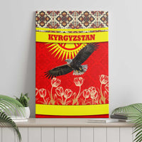 Kyrgyzstan Eagle and Tulip Canvas Wall Art with Red Ethnic Pattern with National Sun Emblem - Wonder Print Shop