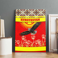 Kyrgyzstan Eagle and Tulip Canvas Wall Art with Red Ethnic Pattern with National Sun Emblem - Wonder Print Shop