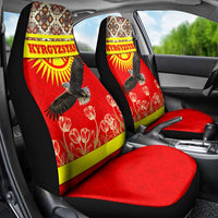 Kyrgyzstan Eagle and Tulip Car Seat Cover with Red Ethnic Pattern with National Sun Emblem - Wonder Print Shop