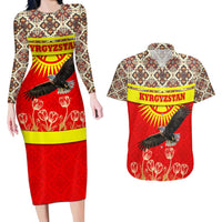 Kyrgyzstan Eagle and Tulip Couples Matching Long Sleeve Bodycon Dress and Hawaiian Shirt with Red Ethnic Pattern with National Sun Emblem - Wonder Print Shop