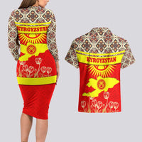 Kyrgyzstan Eagle and Tulip Couples Matching Long Sleeve Bodycon Dress and Hawaiian Shirt with Red Ethnic Pattern with National Sun Emblem - Wonder Print Shop