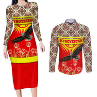 Kyrgyzstan Eagle and Tulip Couples Matching Long Sleeve Bodycon Dress and Long Sleeve Button Shirt with Red Ethnic Pattern with National Sun Emblem - Wonder Print Shop