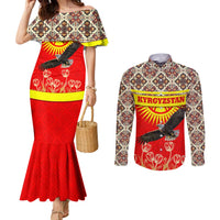 Kyrgyzstan Eagle and Tulip Couples Matching Mermaid Dress and Long Sleeve Button Shirt with Red Ethnic Pattern with National Sun Emblem - Wonder Print Shop